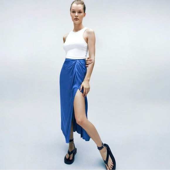 NWT Zara Cobalt Blue Skirt Medium Satin Slit Midi 90s Summer - Picture 1 of 5